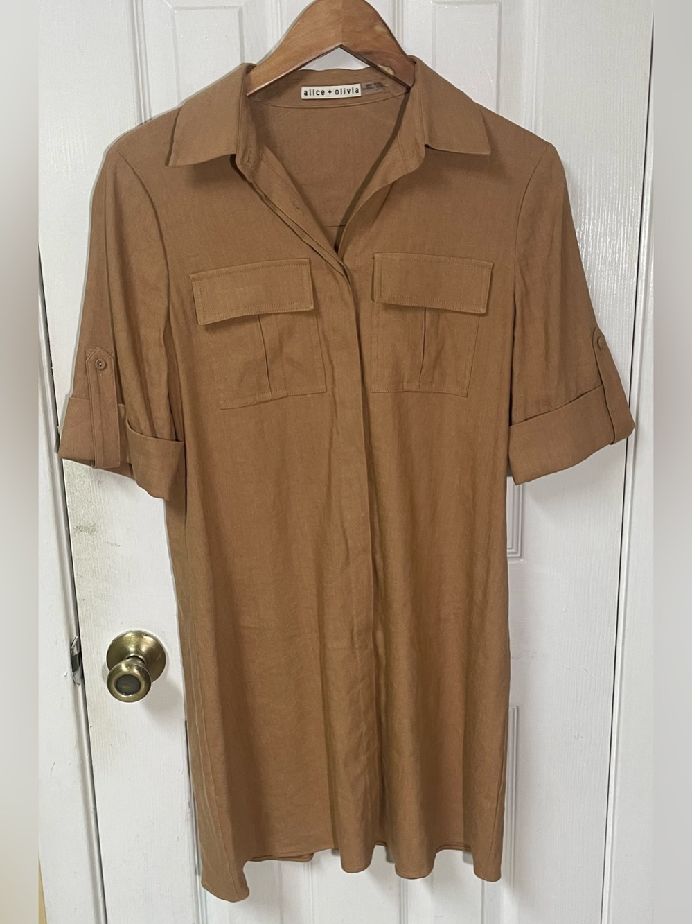 Alice + Olivia Dress Size Small Linen Blend Tan Utilitarian Neutral Mini Minimal - Picture 3 of 7